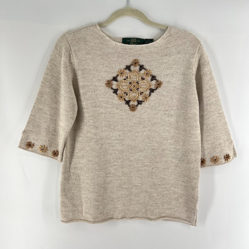 Vintage ORVIS Beaded Sweater Top XS Linen Cotton Knit Boho Cottagecore Coastal